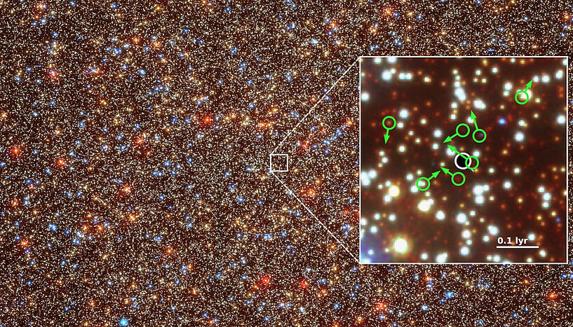 Das große Bild zeigt die Zentralregion von Omega Centauri, Vergrößerung einen Ausschnitt der Region mit den schnellen Sternen. (C) Maximilian Häberle